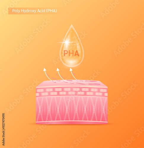 Orange drop serum on the skin layer. PHA Poly Hydroxy Acid solution the small size of molecules it exfoliates the skin surface and dead cells. For cosmetics ads. Medical beauty science. Vector EPS10.