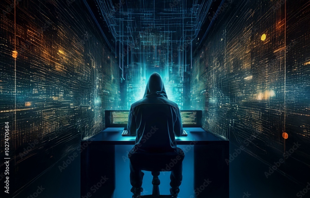 A hooded figure sits at a computer, illuminated by a blue glow. The room is dark with walls covered in code. A hooded figure sits at a computer, illuminated by a blue glow. The room is dark with walls covered in code.