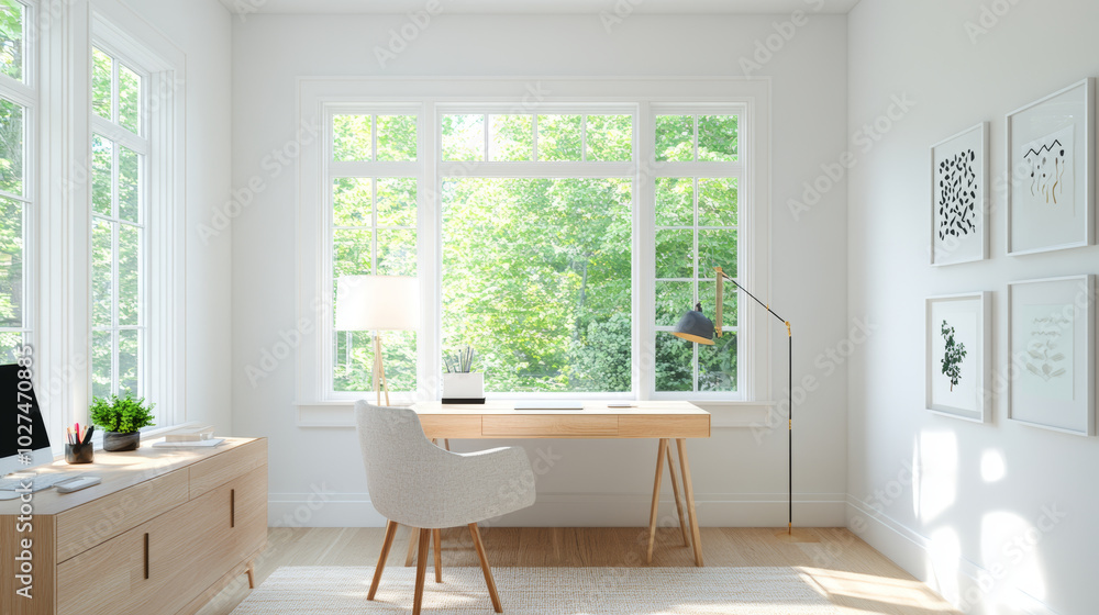 Fototapeta premium A bright and airy home office featuring wooden desk, comfortable chair, and large windows that offer view of lush greenery. space is designed for productivity and tranquility