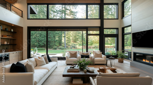 A modern living room featuring large windows that bring in natural light, showcasing cozy and inviting atmosphere. space is elegantly furnished with neutral tones and greenery, creating serene environ