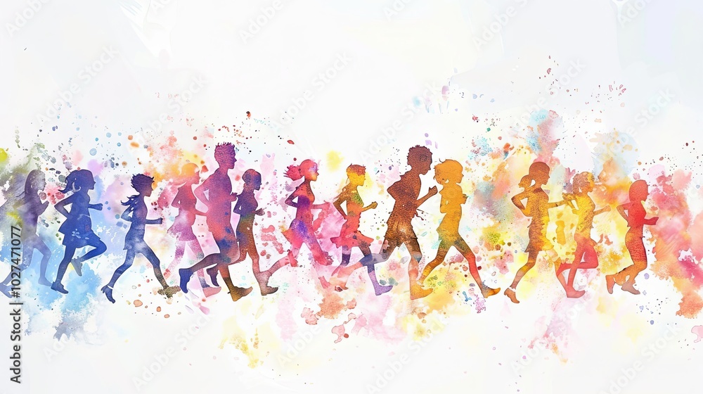 A colorful illustration of a group of people running, representing teamwork, unity, and energy. A colorful illustration of a group of people running, representing teamwork, unity, and energy.