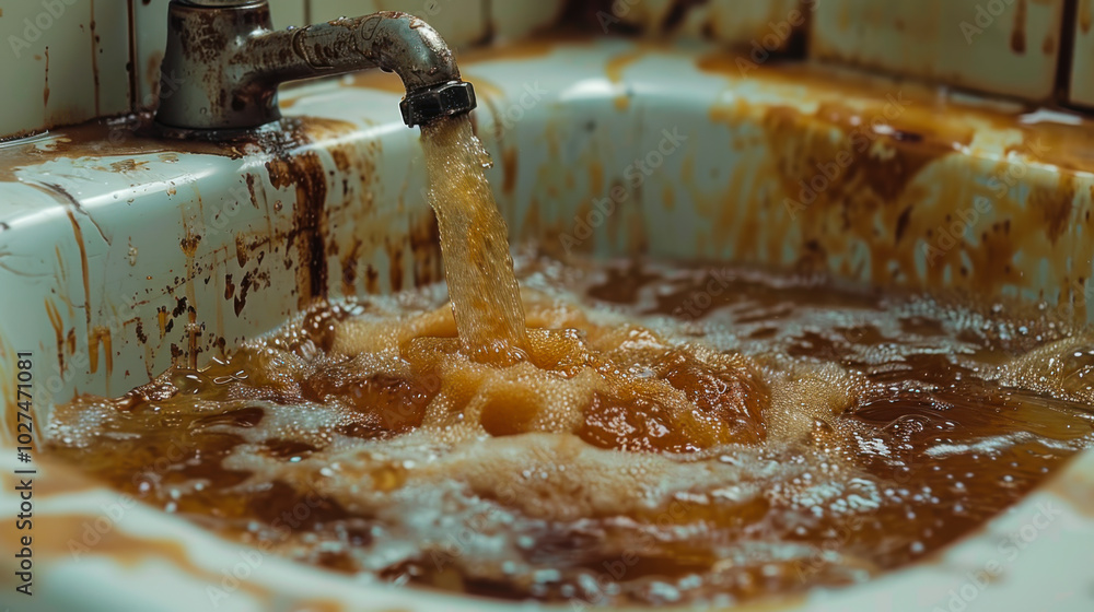 A pipe is dripping water into. The water is brown and murky. The scene is somewhat ominous and foreboding A pipe is dripping water into. The water is brown and murky. The scene is somewhat ominous and foreboding
