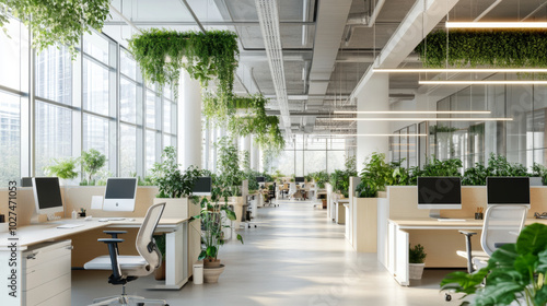 A modern office interior featuring spacious workstations  large windows  and abundant greenery. design promotes productive and refreshing atmosphere  ideal for collaboration
