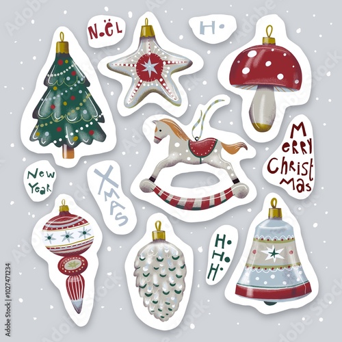 Quadro su tela Sticker pack featuring seven retro Christmas ornaments: a Christmas tree, rocking horse, bell, pine cone, star