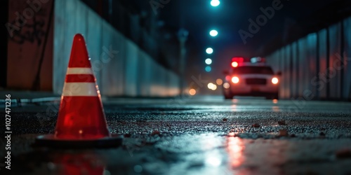 An orange traffic cone stands alone on a wet roadway, illuminated by streetlights, with a police car parked in the background on a city street at night, symbolizing safety. photo