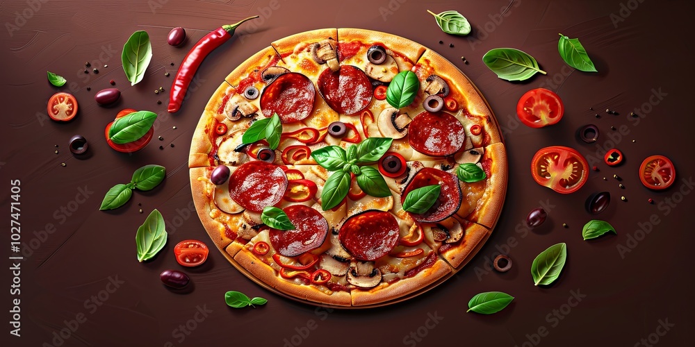 A fresh and delicious pepperoni pizza with mushrooms, olives, and basil, served on a wooden table. The pizza is surrounded by fresh ingredients A fresh and delicious pepperoni pizza with mushrooms, olives, and basil, served on a wooden table. The pizza is surrounded by fresh ingredients