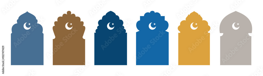 Islamic shape of door or window silhouette Arabic arch, crescent with star symbol. Collection in oriental style. Frames in Arabic Muslim design for Ramadan Kareem. Mosque gate shape on transparent Islamic shape of door or window silhouette Arabic arch, crescent with star symbol. Collection in oriental style. Frames in Arabic Muslim design for Ramadan Kareem. Mosque gate shape on transparent