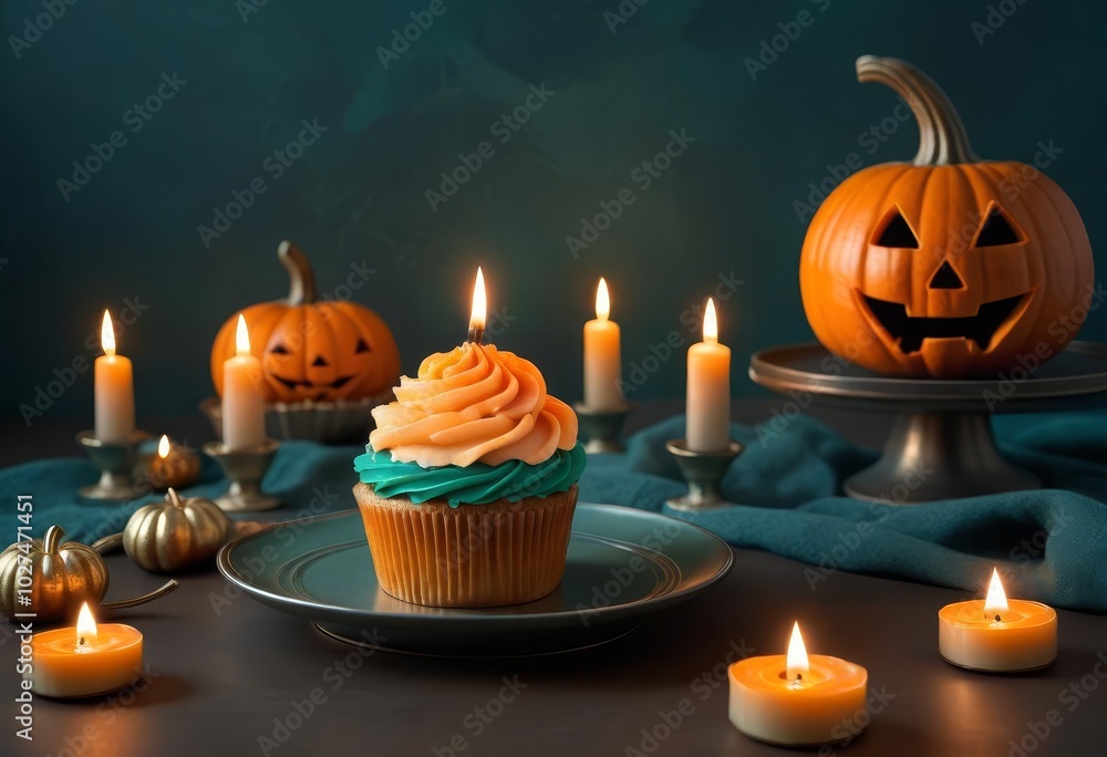 A Halloween themed cupcake with orange frosting and a spooky decoration on top A Halloween themed cupcake with orange frosting and a spooky decoration on top