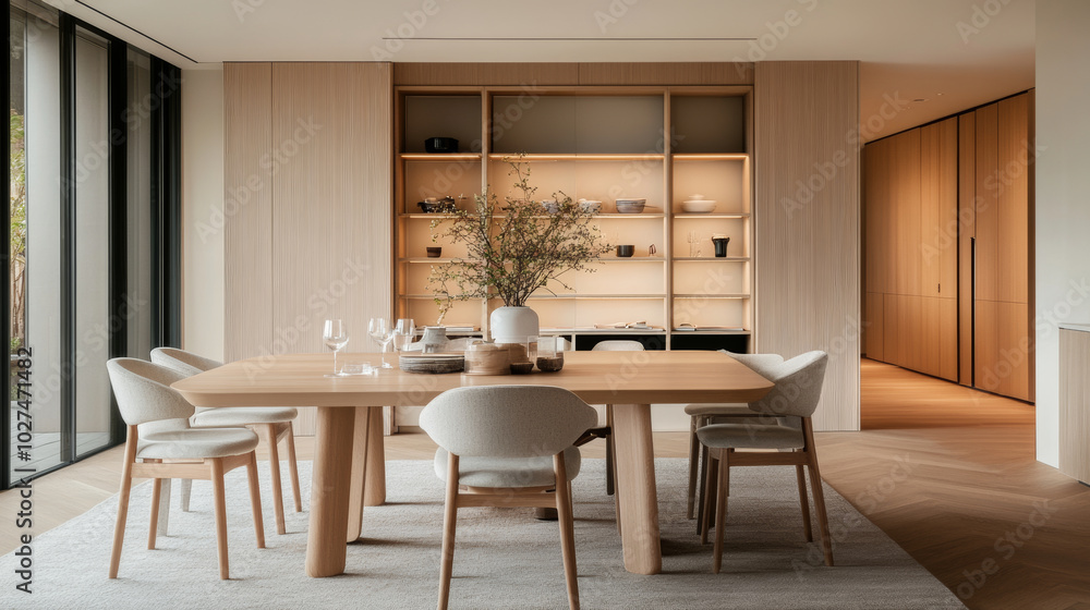 Fototapeta premium A modern dining room featuring wooden table surrounded by upholstered chairs, complemented by stylish shelving unit. warm tones and natural light create welcoming atmosphere