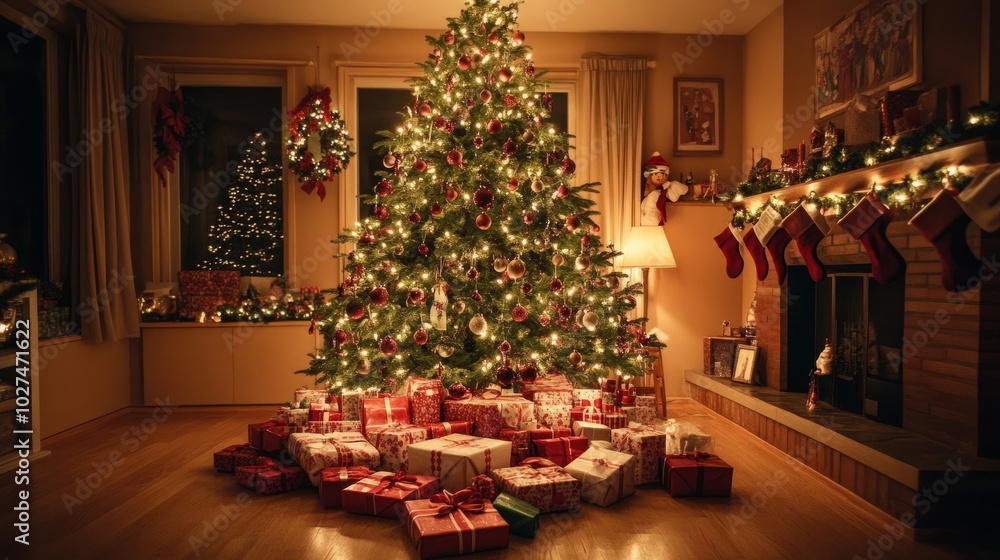 A Christmas tree adorned with ornaments and lights, with wrapped gift boxes scattered underneath in a warm living room. A Christmas tree adorned with ornaments and lights, with wrapped gift boxes scattered underneath in a warm living room.