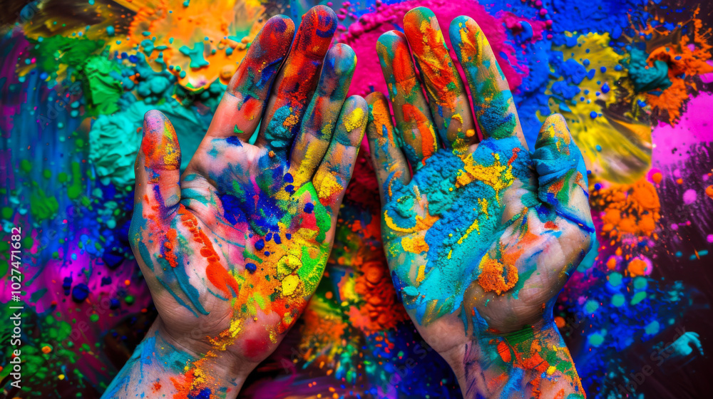 Obraz premium A group of people are holding hands and covered in colorful powder. Concept of unity and celebration, as the people are all wearing different colors and seem to be enjoying themselves