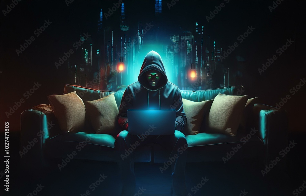 A hooded figure sits on a couch in a dark room, working on a laptop with a glowing screen. The background is a blurred city skyline. A hooded figure sits on a couch in a dark room, working on a laptop with a glowing screen. The background is a blurred city skyline.