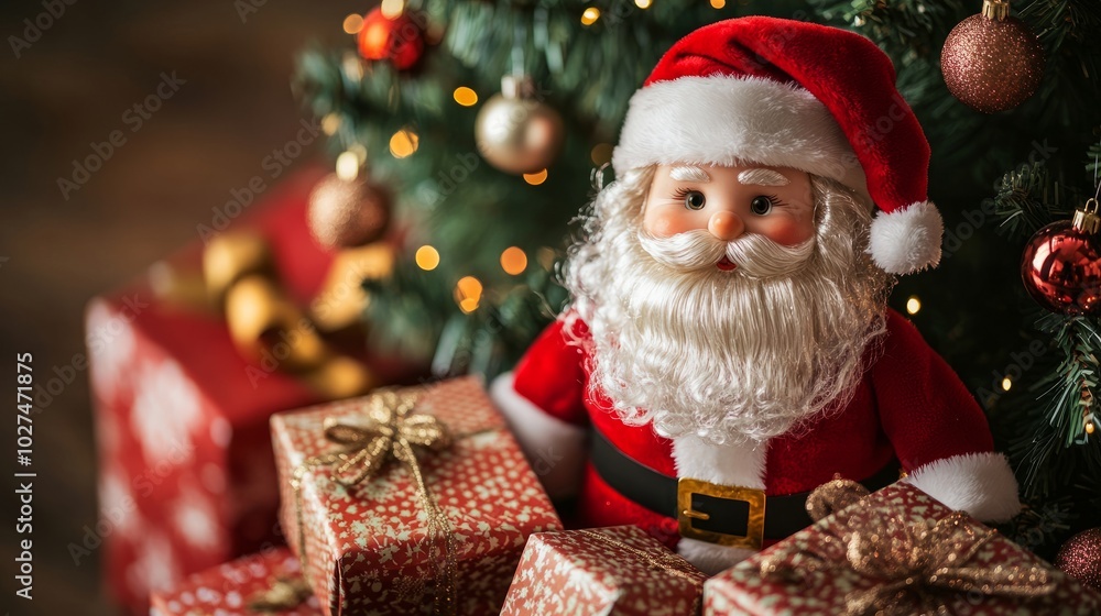 A close-up of a Santa Claus doll placed beside gifts under a festive Christmas tree on New Years Day 2025. A close-up of a Santa Claus doll placed beside gifts under a festive Christmas tree on New Years Day 2025.