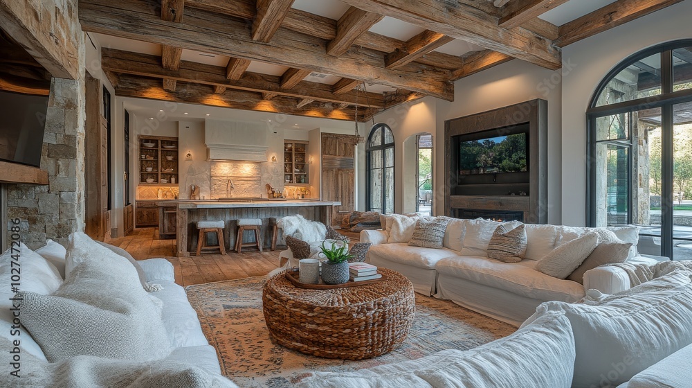An open-concept living room featuring rustic wooden beams and plush seating, offering a blend of modern luxury and comfort, ideal for gatherings. An open-concept living room featuring rustic wooden beams and plush seating, offering a blend of modern luxury and comfort, ideal for gatherings.