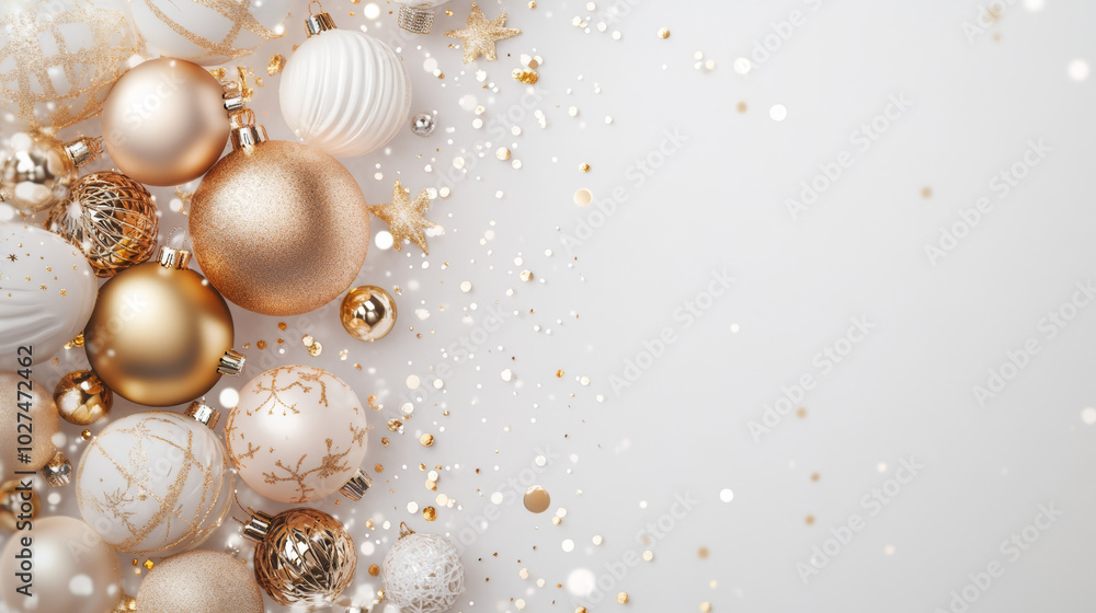 Golden and white Christmas ornaments create festive atmosphere, surrounded by sparkling confetti and stars, perfect for holiday celebrations Golden and white Christmas ornaments create festive atmosphere, surrounded by sparkling confetti and stars, perfect for holiday celebrations