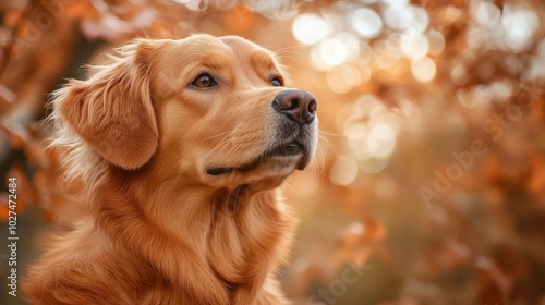 A golden retriever dog is shown in a picturesque autumnal forest setting, capturing the warm and serene essence of the scene with soft sunlight filtering through leaves.