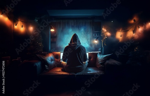 A hooded figure sits on a couch in a dimly lit room, illuminated by string lights and a blue screen in the background.