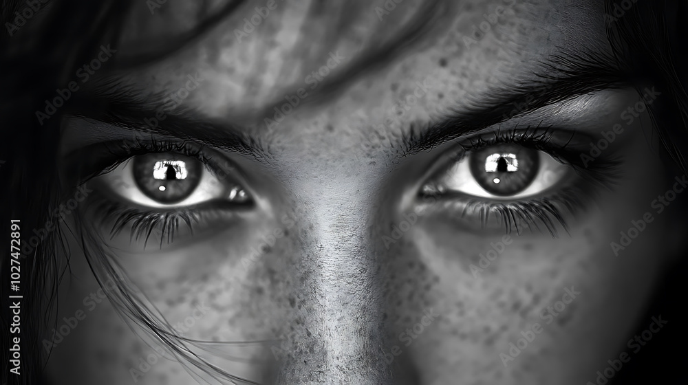 woman with striking big eyes and deep expression, showcasing her unique features and freckles. Her gaze captivates and draws attention woman with striking big eyes and deep expression, showcasing her unique features and freckles. Her gaze captivates and draws attention