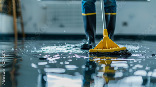 person in rubber boots cleaning the floor