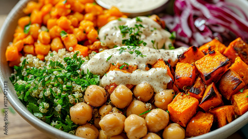 A bowl of food with a variety of ingredients including carrots, chickpeas