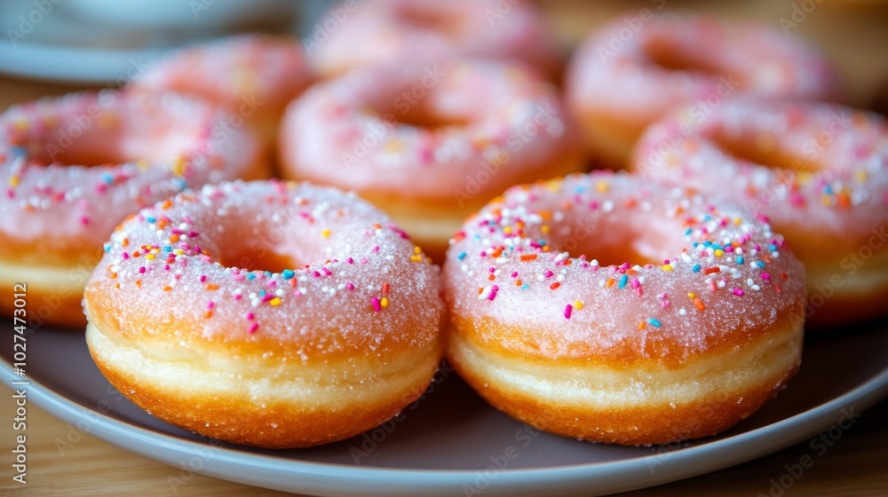 A collection of freshly baked donuts covered in pink frosting and adorned with colorful sprinkles arranged on a plate, offering a sweet treat and indulgent delight. A collection of freshly baked donuts covered in pink frosting and adorned with colorful sprinkles arranged on a plate, offering a sweet treat and indulgent delight.