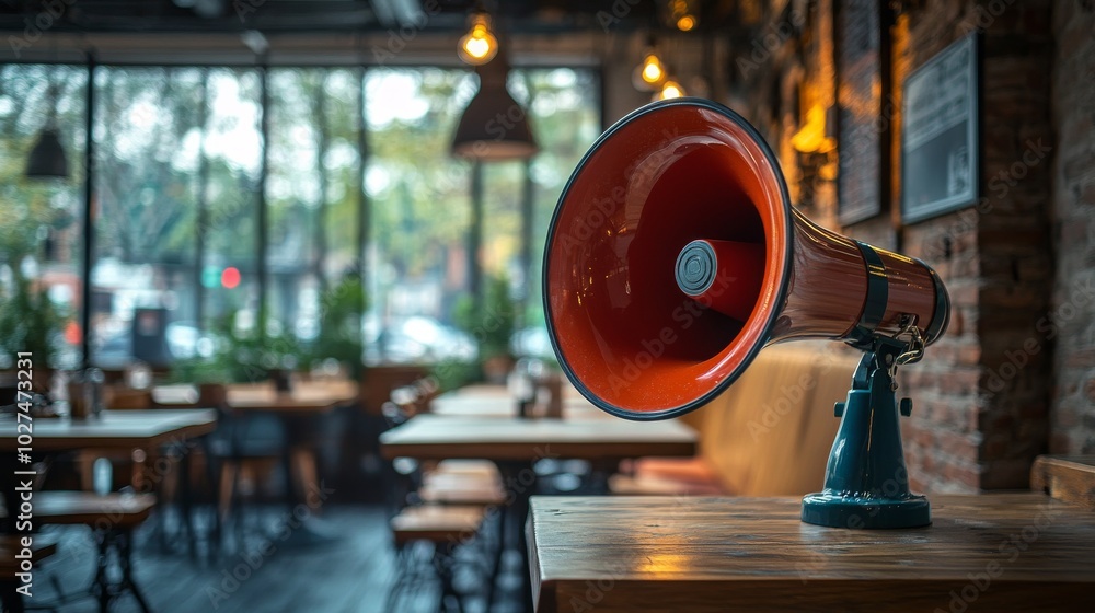 An old-fashioned megaphone is placed on a wooden table in a cozy cafe, evoking a sense of nostalgia and communication in a rustic atmosphere. An old-fashioned megaphone is placed on a wooden table in a cozy cafe, evoking a sense of nostalgia and communication in a rustic atmosphere.