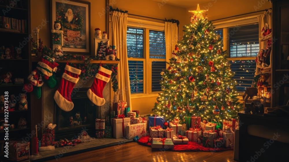 A holiday interior with a vibrant Christmas tree, wrapped gifts, and Santa Claus decorations welcoming 2025.