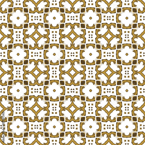 Seamless pattern in gold, white and brown colors with fancy elements. Asian print. Vector illustration