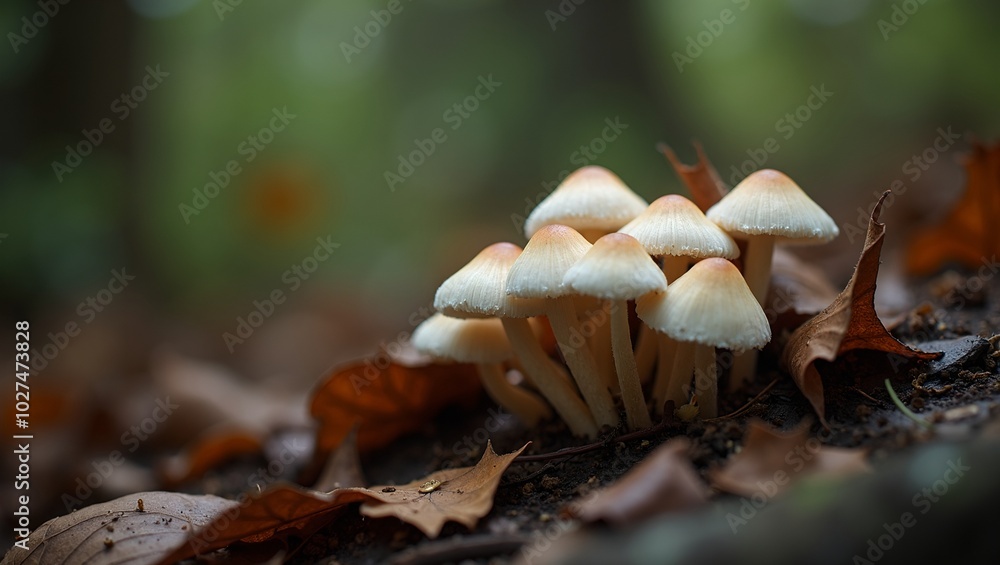 Fototapeta premium Enchanting scene of glowing white mushrooms in forest
