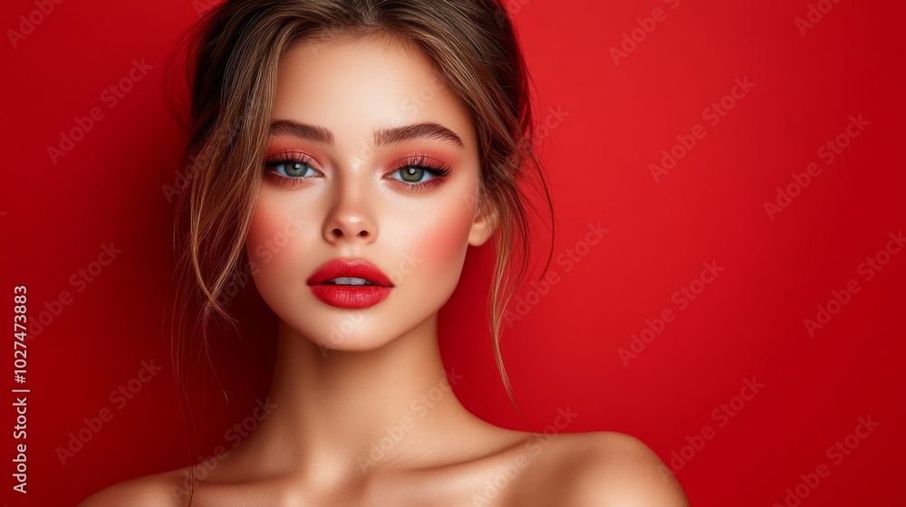 A striking portrait showcasing a woman with bold red lipstick matched against a vibrant red background, highlighting beauty, confidence, and modern style elements. A striking portrait showcasing a woman with bold red lipstick matched against a vibrant red background, highlighting beauty, confidence, and modern style elements.