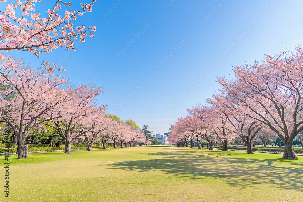 Obraz premium A picturesque view of a park with rows of cherry blossom trees in full bloom. The trees are lined up on both sides of a grassy path, with a clear blue sky overhead.