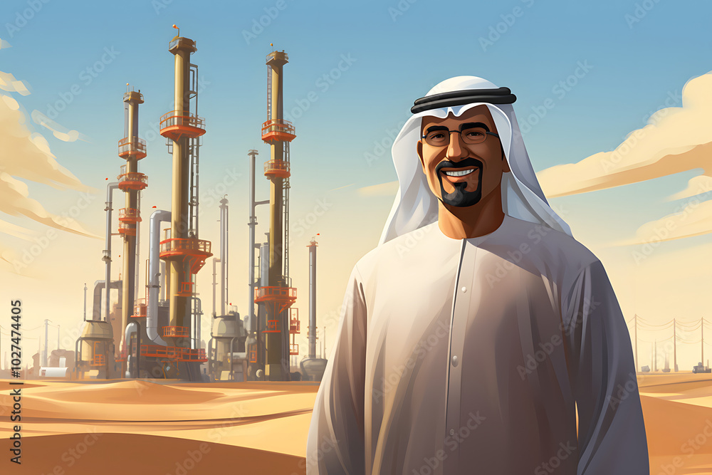 sheikh smiling while standing on his oil field, oil sheikh, rich sheikh sheikh smiling while standing on his oil field, oil sheikh, rich sheikh