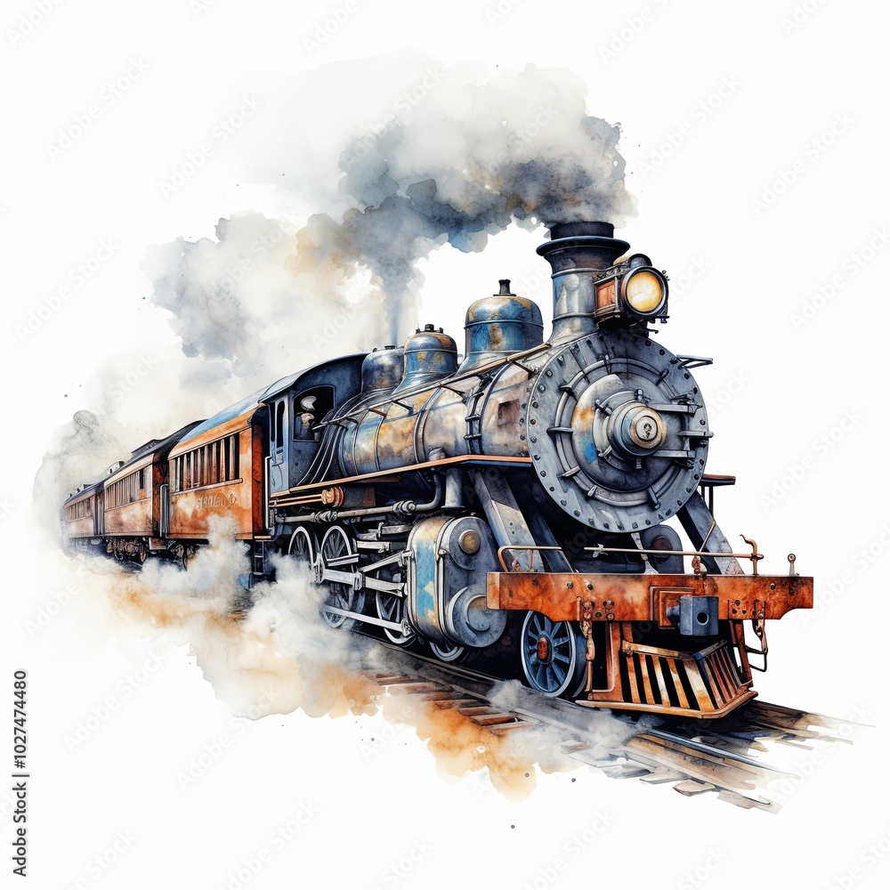 Fototapeta premium A vintage watercolor illustration of a steam locomotive traveling through a scenic rural landscape, featuring trees, mountains, and a river, evoking nostalgia and romance.