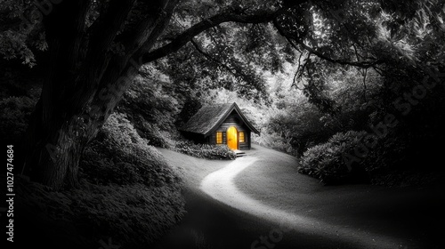 Enigmatic cottage nestled in a monochrome forest, glowing warmly and invitingly photo