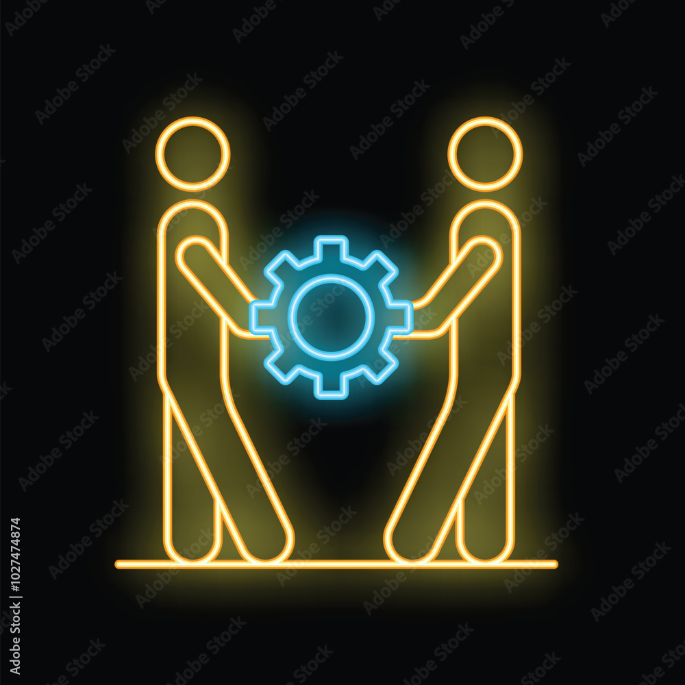 Neon icon of two businessmen holding a gear, symbolizing teamwork and collaboration Neon icon of two businessmen holding a gear, symbolizing teamwork and collaboration