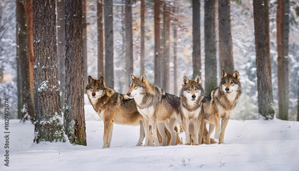 Pack of Wolves in a Snowy Forest Pack of Wolves in a Snowy Forest