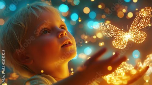 A young child’s dream takes form as glowing animals appear in the real world, creating a bridge between imagination and reality – A scene of pure joy, showing the power of belief i photo