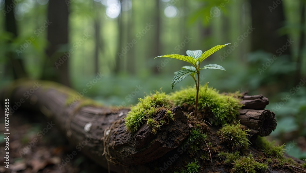 Resilient new growth on decaying log in dense forest Resilient new growth on decaying log in dense forest