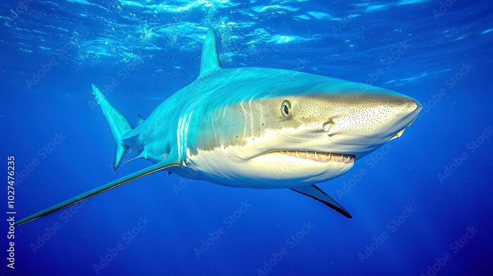 Fototapeta premium Shark's Domain, an immersive exploration of the ocean's apex predators, showcasing their graceful movements and the powerful energy they bring to their underwater habitat.