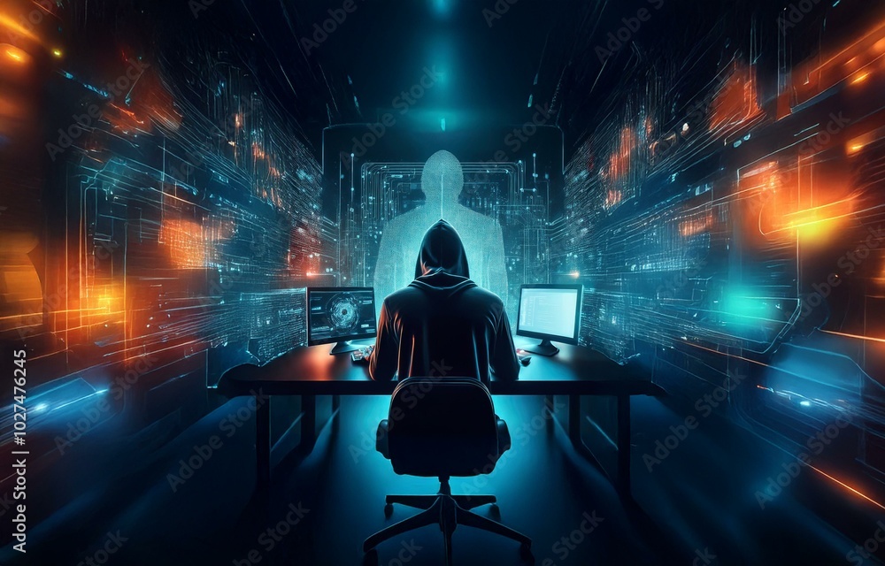 A hooded figure sits at a computer in a dark room, surrounded by glowing blue and orange digital lines. A hooded figure sits at a computer in a dark room, surrounded by glowing blue and orange digital lines.