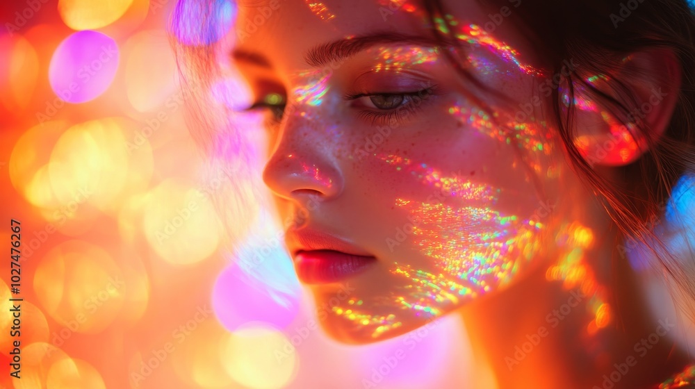A captivating portrait of a person with vibrant colors and reflections casting beautiful, emotion-filled patterns on the face, creating a lively visual art piece. A captivating portrait of a person with vibrant colors and reflections casting beautiful, emotion-filled patterns on the face, creating a lively visual art piece.