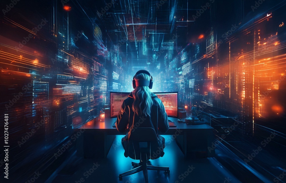 A person sits at a computer with headphones on, facing a wall of digital code. A person sits at a computer with headphones on, facing a wall of digital code.