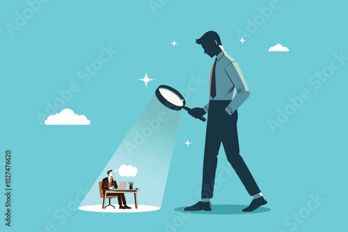 a company leader stands with a magnifying glass observing employees at work