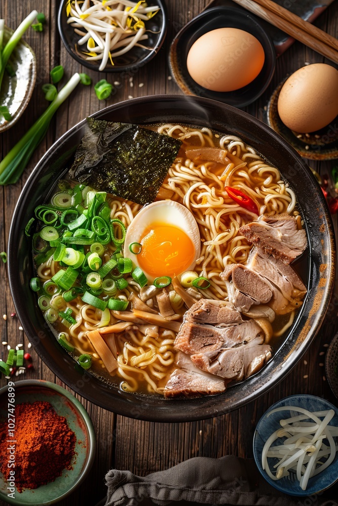 A steaming bowl of ramen noodles with pork, egg, scallions, and seaweed. A steaming bowl of ramen noodles with pork, egg, scallions, and seaweed.