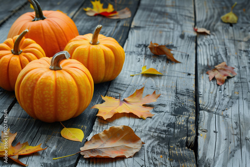 Thanksgiving and Halloween background with orange pumpkins and autumn Leaves on a wooden table with space for text or ads