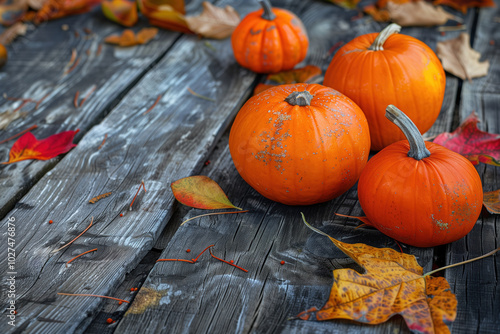 Thanksgiving and Halloween background with orange pumpkins and autumn Leaves on a wooden table with space for text or ads