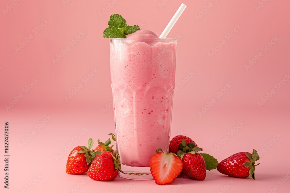 A tall glass of pink strawberry smoothie with fresh strawberries and a mint garnish on a pink background. A tall glass of pink strawberry smoothie with fresh strawberries and a mint garnish on a pink background.