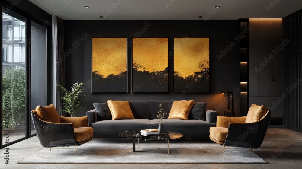 A sophisticated modern living room interior characterized by dark walls and furniture, complemented beautifully by striking gold accents and vibrant green plants. A sophisticated modern living room interior characterized by dark walls and furniture, complemented beautifully by striking gold accents and vibrant green plants.