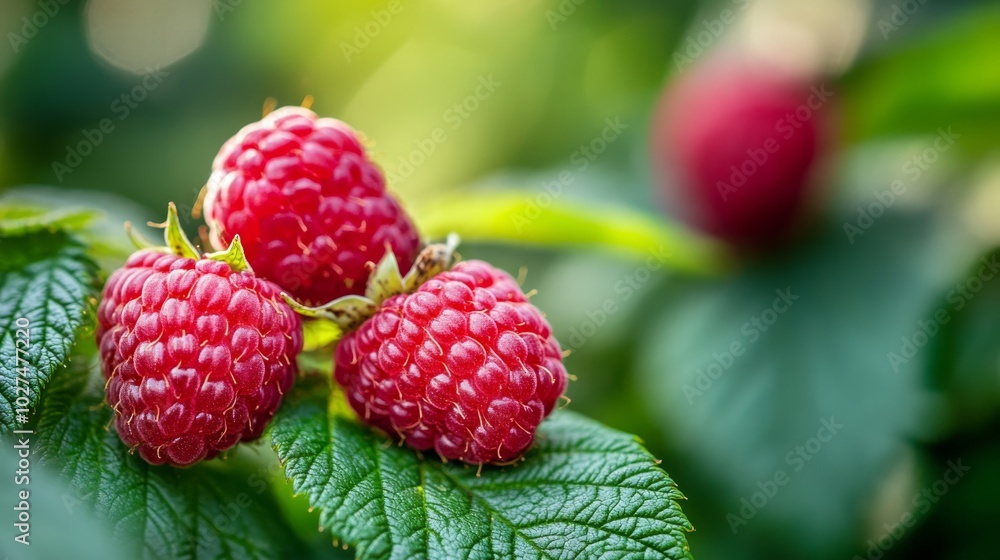A vibrant and inviting image of lush, ripe red raspberries surrounded by fresh green leaves, capturing the essence of summer's sweetness and abundance. A vibrant and inviting image of lush, ripe red raspberries surrounded by fresh green leaves, capturing the essence of summer's sweetness and abundance.