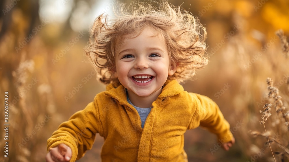 A joyful child with curly hair runs through a field in autumn, wearing a yellow jacket. The sunlight illuminates the lush background of dried grass and foliage. A joyful child with curly hair runs through a field in autumn, wearing a yellow jacket. The sunlight illuminates the lush background of dried grass and foliage.